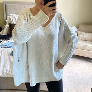 Oversized V-Neck Distressed Soft Woven Sweater